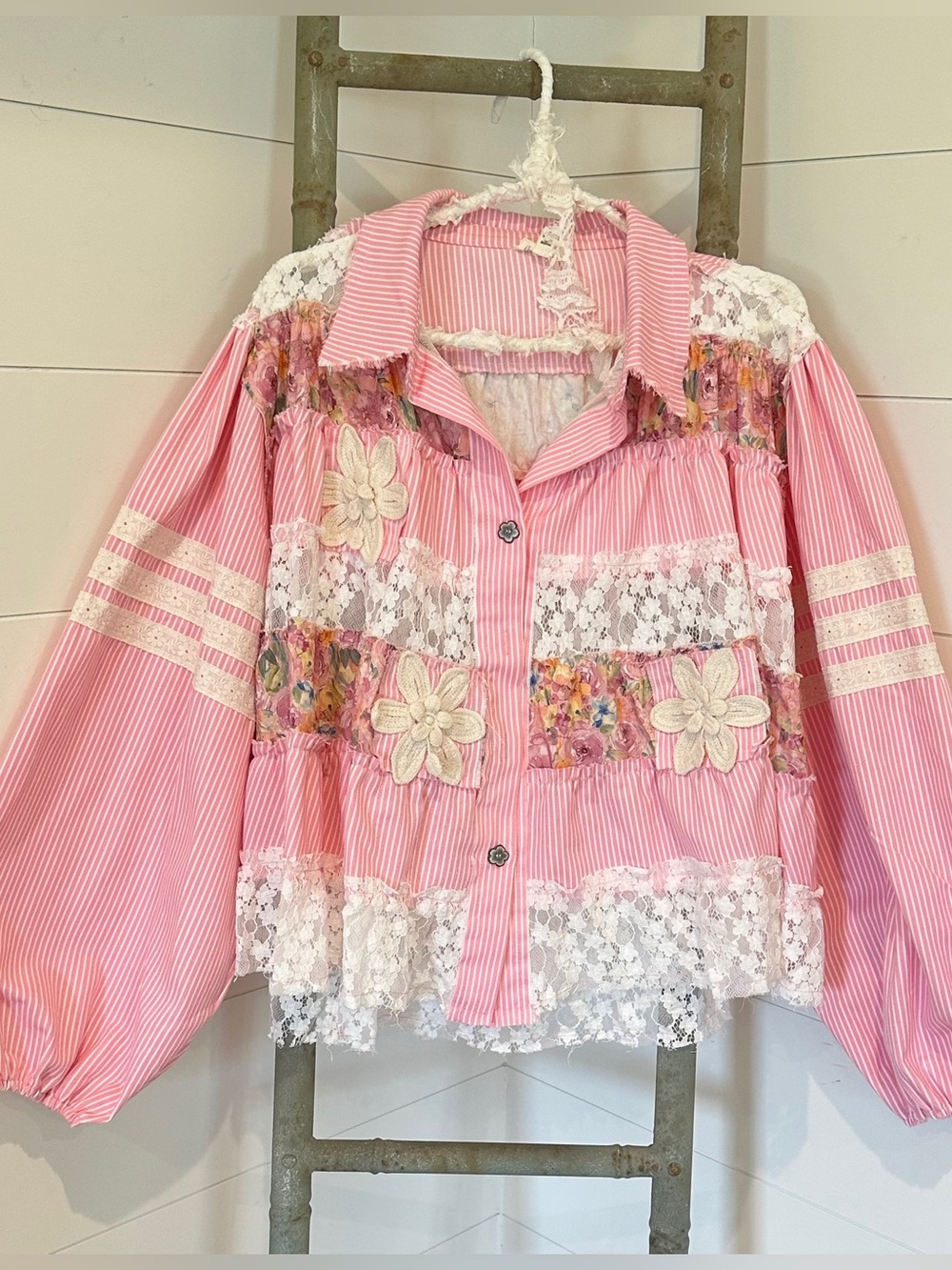 NEW 5/9 POL “The Lilliana” Striped Lace Floral Patchwork Blouse